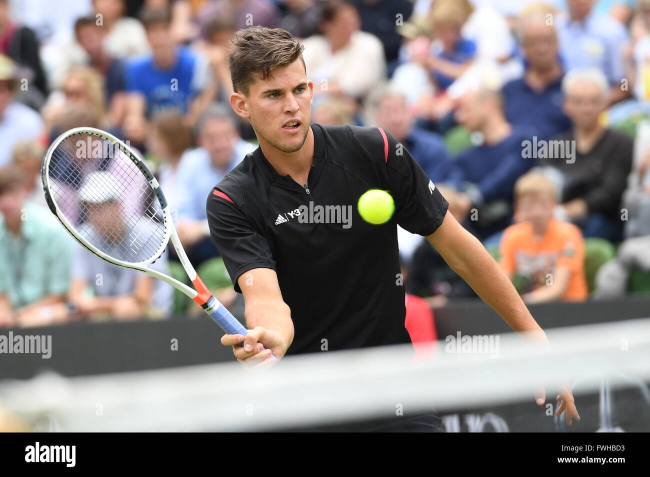 Stuttgart, Germany. 12th June, 2016. Dominic Thiem of Austria warms up  prior to the final match of the ATP tennis tournament in Stuttgart,  Germany, 12 June 2016. Photo: MARIJAN MURAT/dpa/Alamy Live News