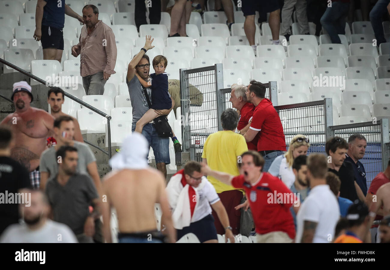 11.06.2016. Marseille, France. European Football Championships 2016. England versus Russia. Russias  Fans riot at the end of the game Stock Photo