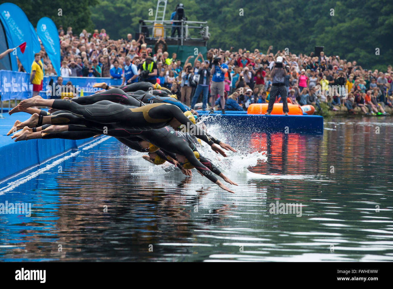 Leeds, UK. 12th June, 2016. Start of the womens elite triathlon at
