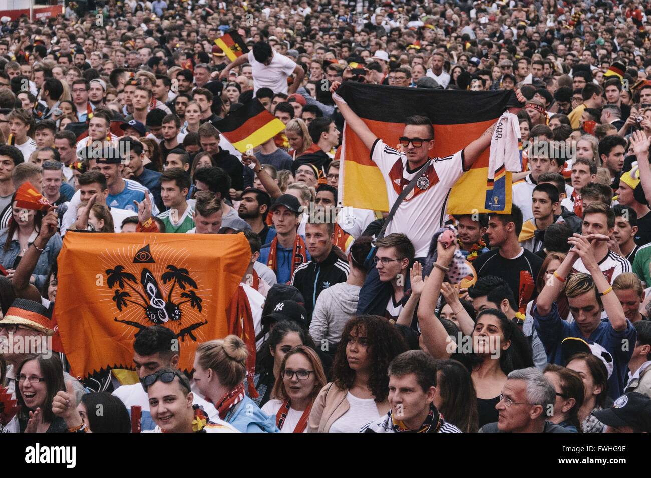 Berlin, Germany. 12th June, 2016. German football fans cheer as they