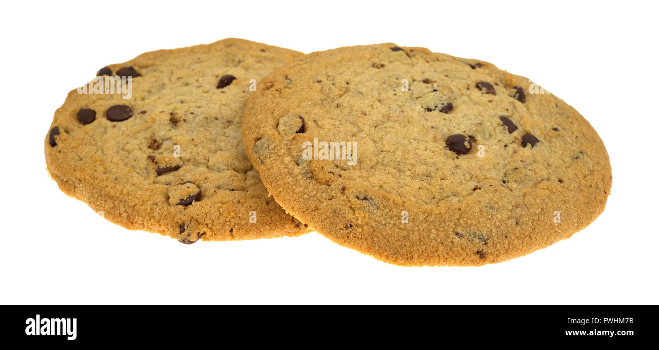 Side view of two chocolate chip gluten-free cookies isolated on a white background. Stock Photo