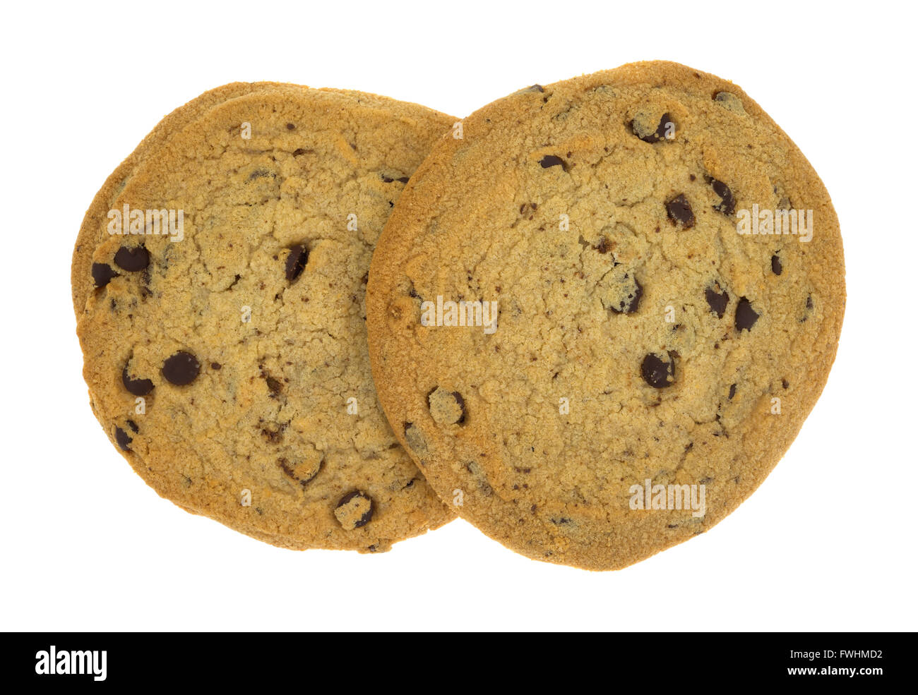 Top view of two chocolate chip gluten-free cookies isolated on a white background. Stock Photo