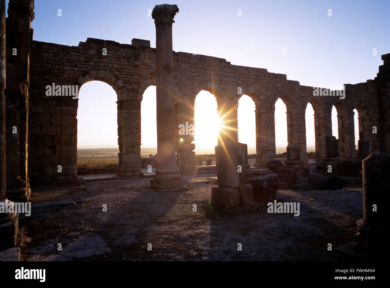 Volubillis is an ancient Roman City in Morocco.  Considered to be the ancient capital of Mauretania.  Situated near Meknes City. Stock Photo