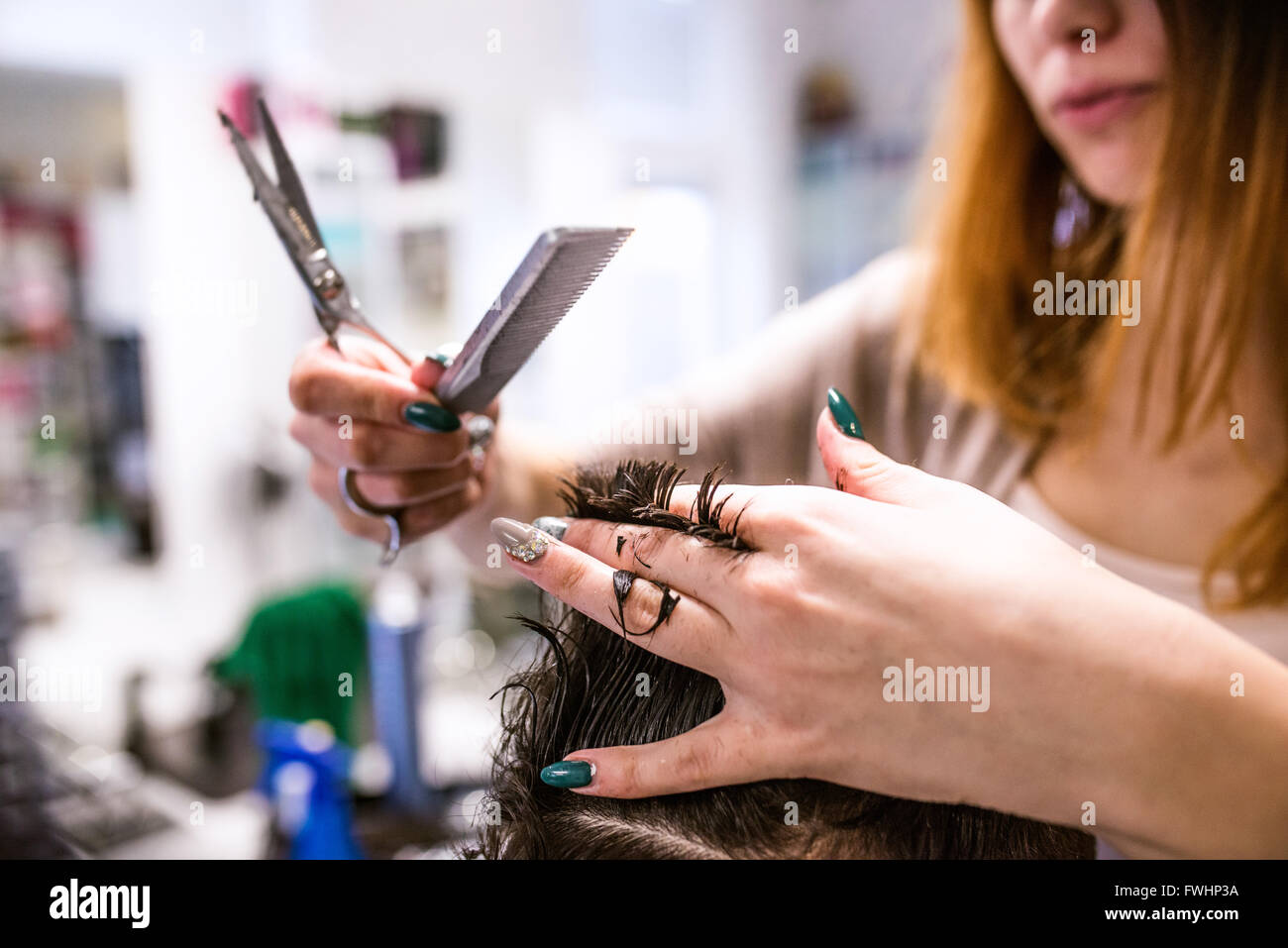Unrecognizable hairdresser cutting hair of her young client. Stock Photo