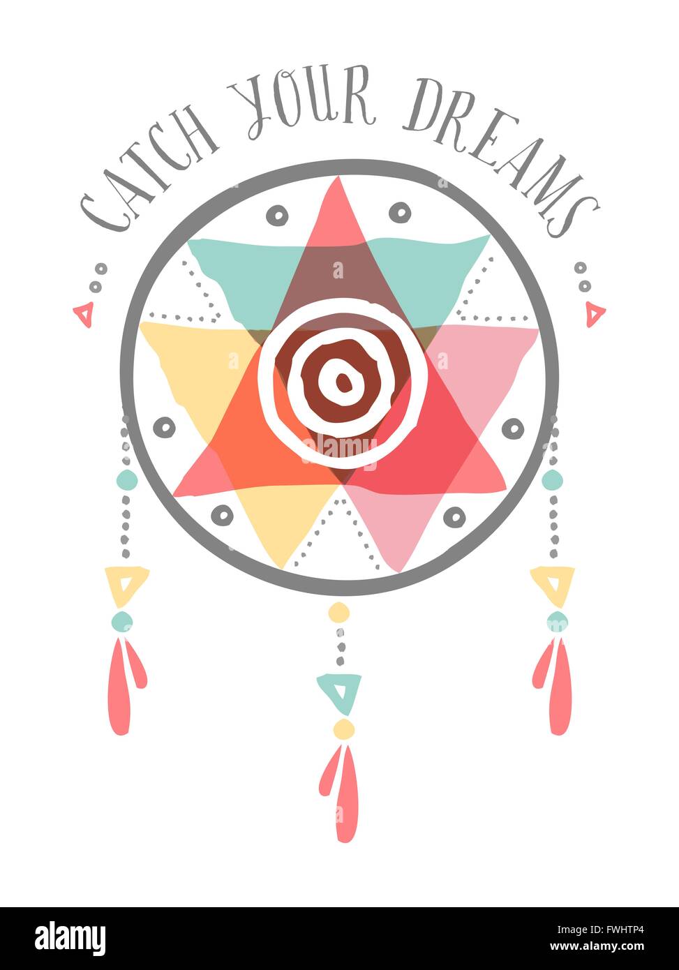Catch your dreams boho illustration, tribal native american dreamcatcher with colorful shapes and spiritual elements. Stock Vector