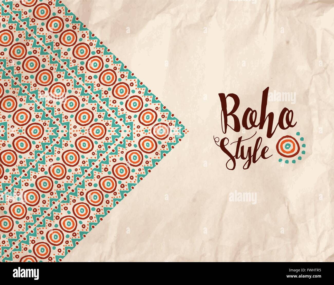 Boho style kraft paper texture design with colorful tribal handmade illustration of geometry shapes and stripes. EPS10 vector. Stock Vector