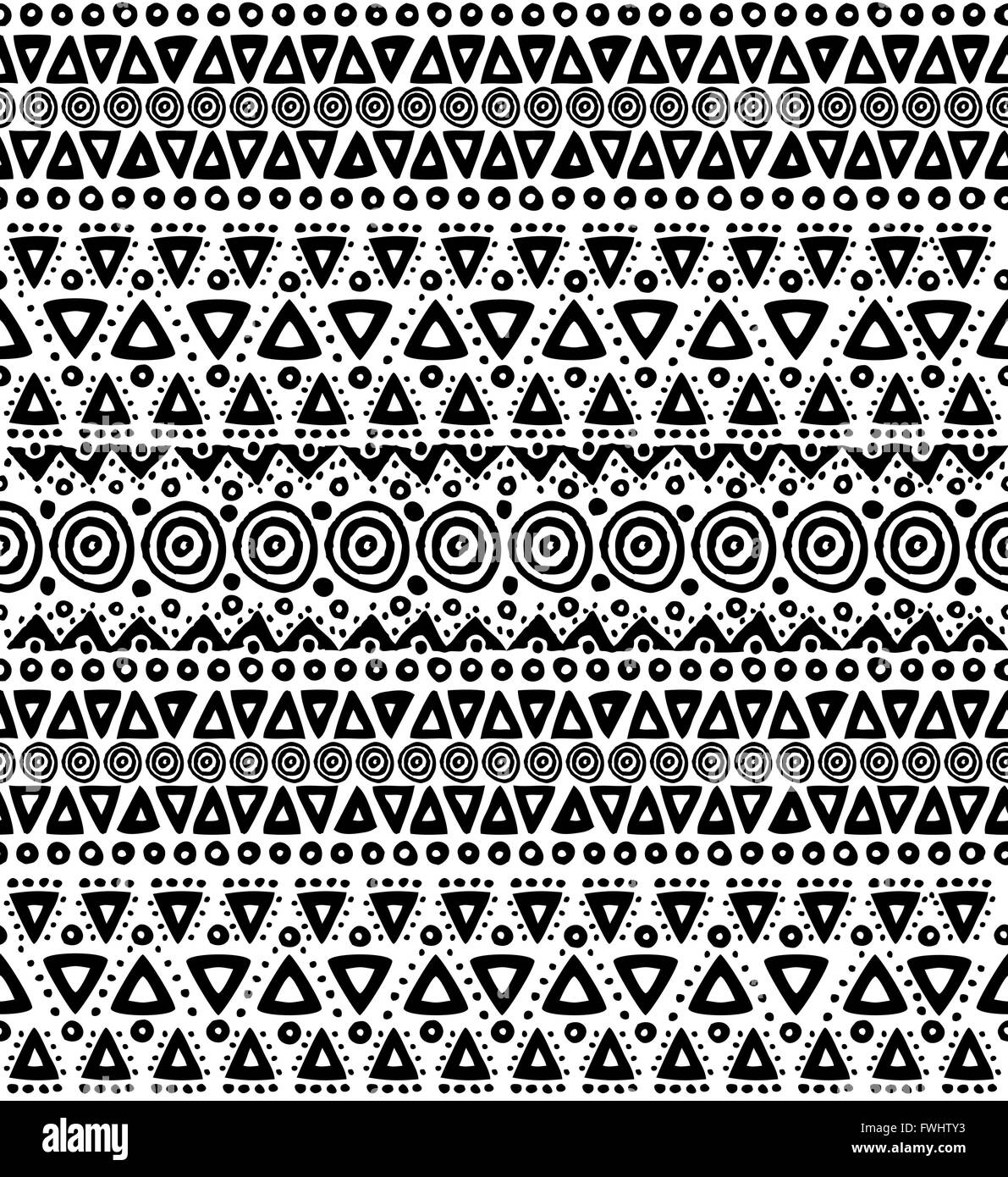 Boho seamless pattern in black and white colors with tribal stripes and handmade geometric shapes. EPS10 vector. Stock Vector
