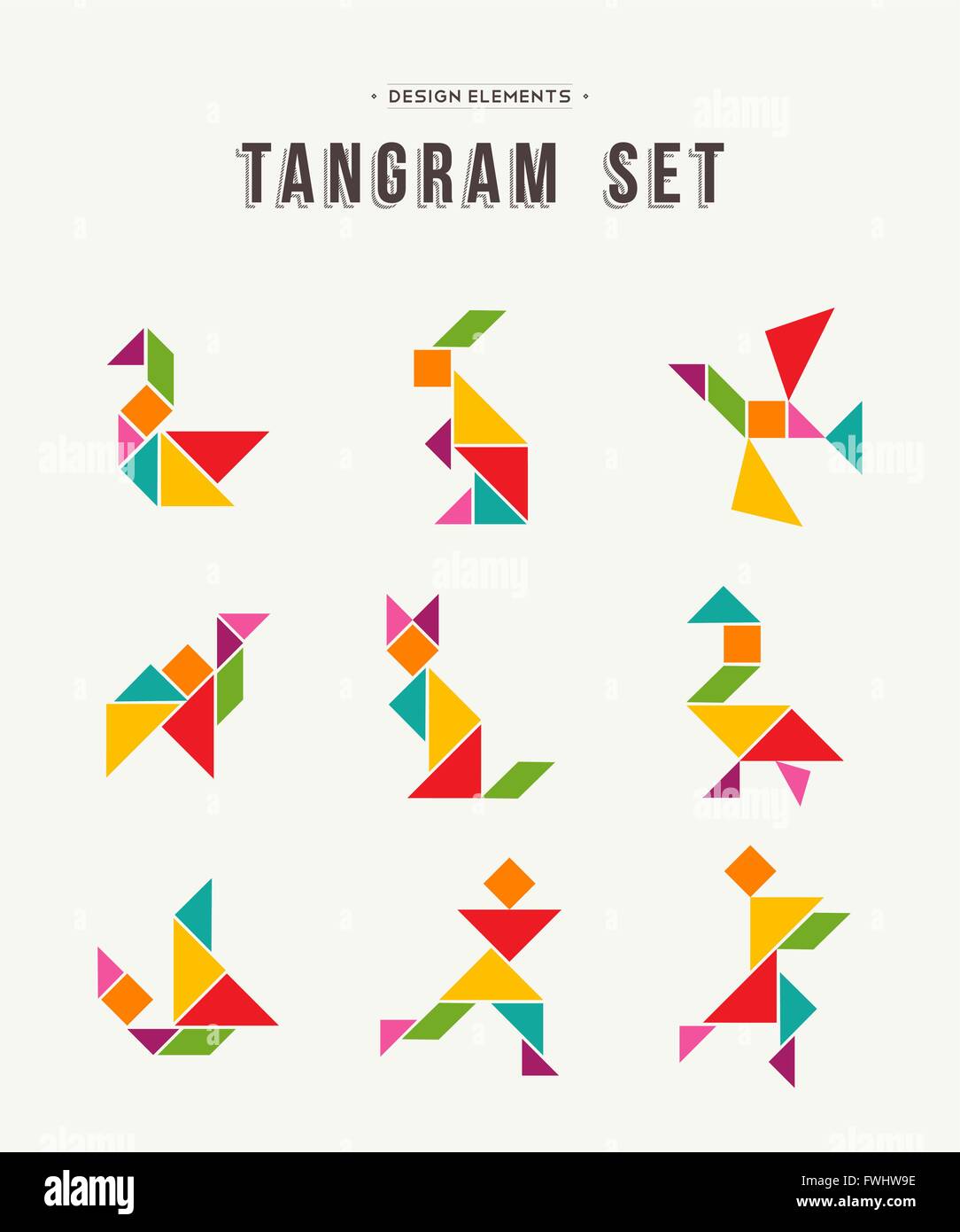 Colorful set of tangram game icons made with geometry shapes in abstract style, includes animals and people. EPS10 vector. Stock Vector