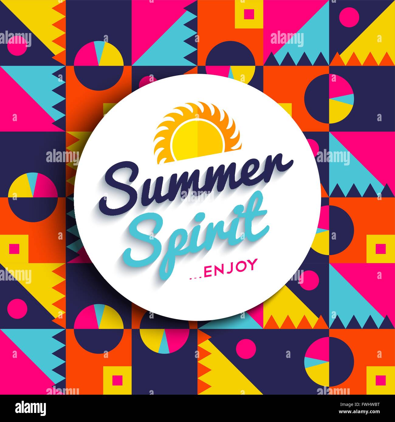Summer spirit quote poster, enjoy your summertime vacations text with sun decoration on colorful geometric background. EPS10 vec Stock Vector