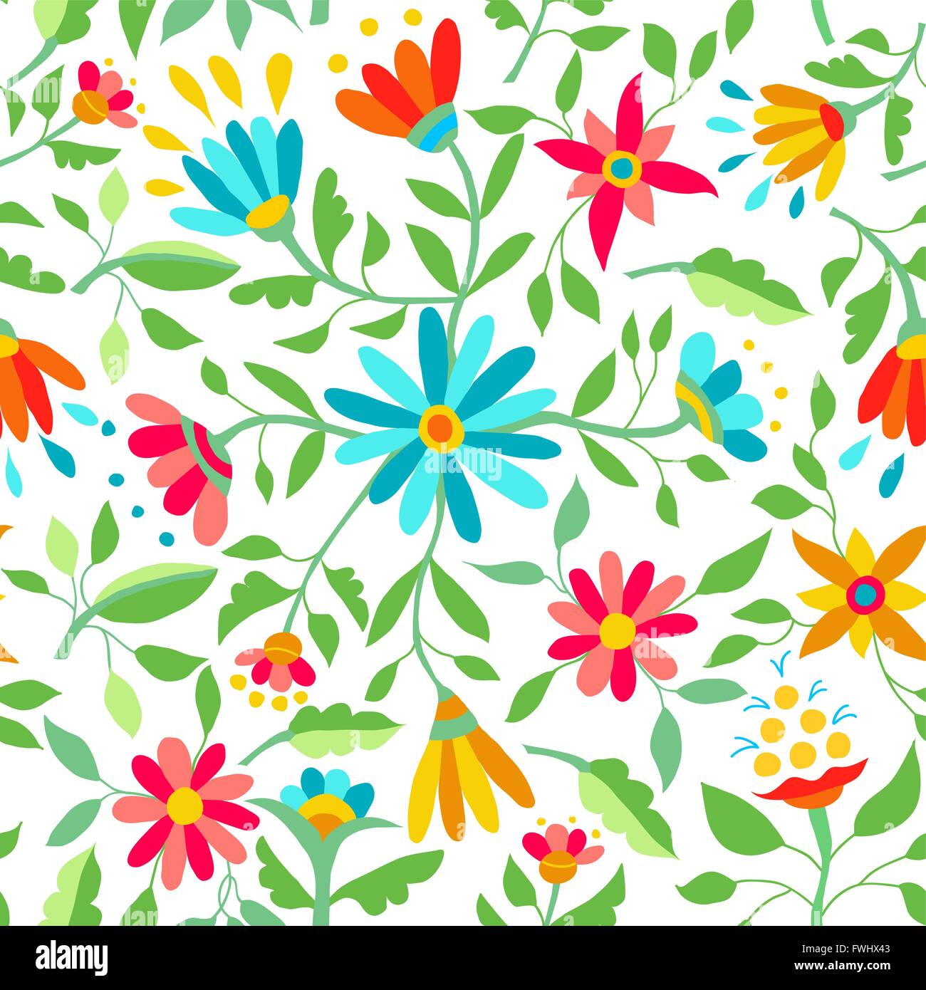 Spring floral seamless pattern background illustration. Vibrant colored flowers with leaves and garden design elements. EPS10 ve Stock Vector