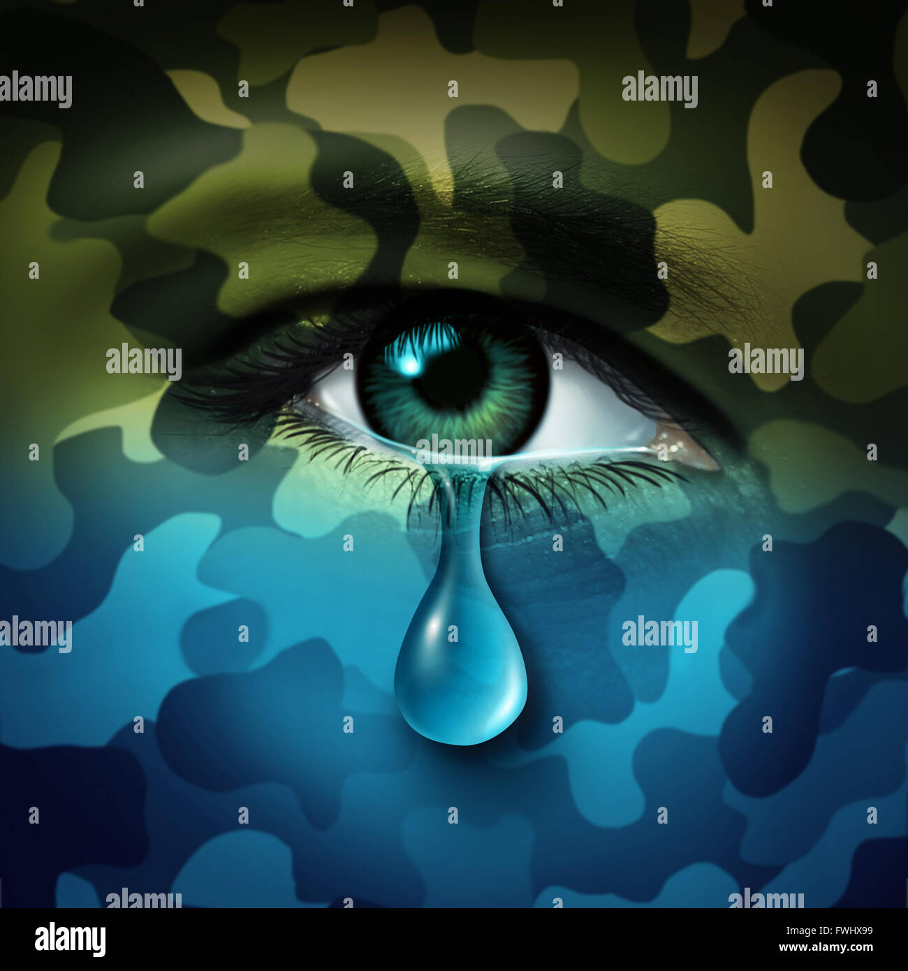 Military depression mental health concept and casualty of war symbol as a crying human eye tear with green camouflage transforming into a blue mood as a metaphor for veteran healthcare or combatant issues. Stock Photo