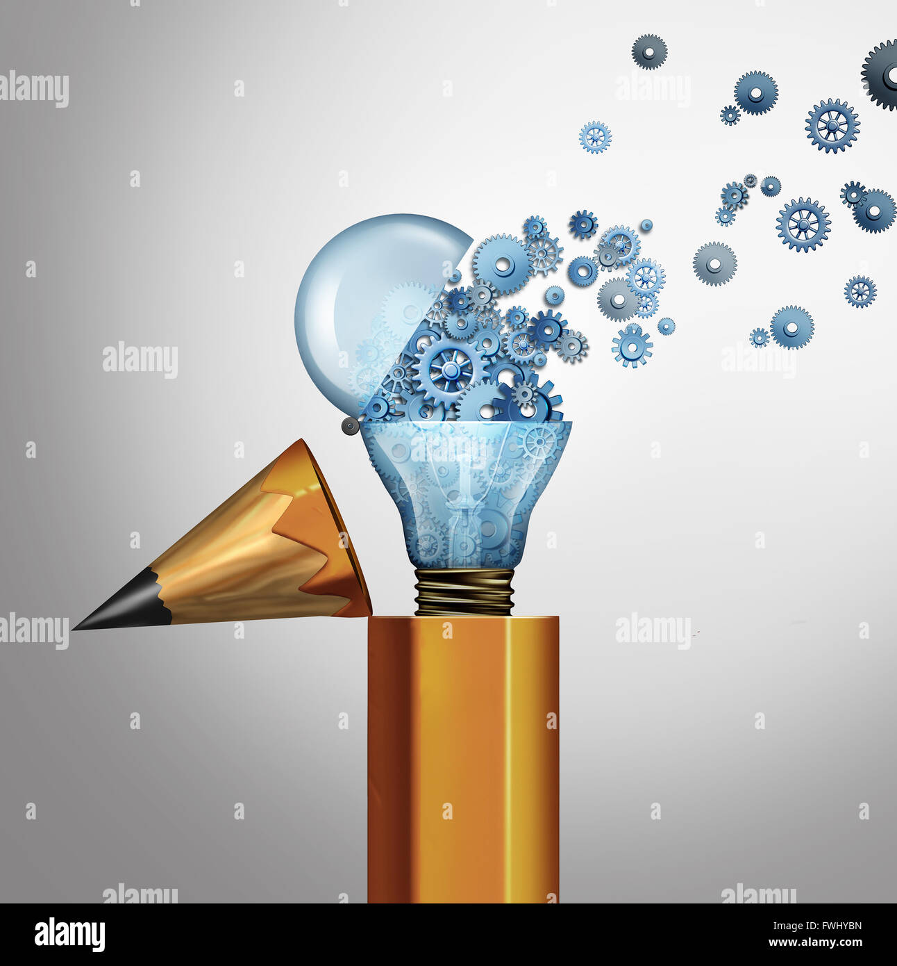 Planning and imagination success business concept as an open pencil with an open light bulb spreading gears and cog wheels as an innovation and bright leadership idea as a 3D illustration icon. Stock Photo