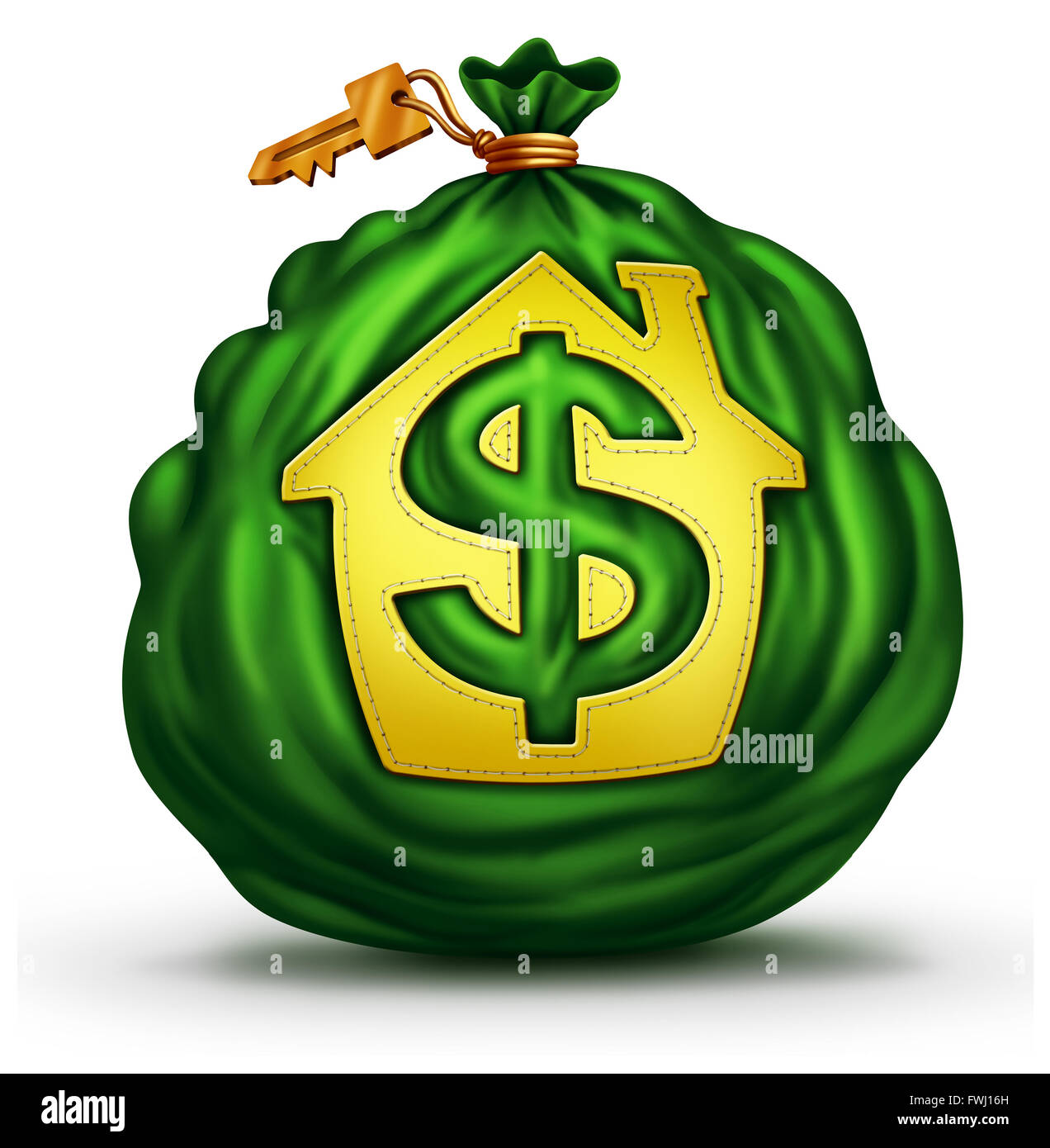 Bank Mortgage symbol as a green money bag with a house or home icon with a dollar signas a financial and economic metaphor for residential credit and real estate business. Stock Photo