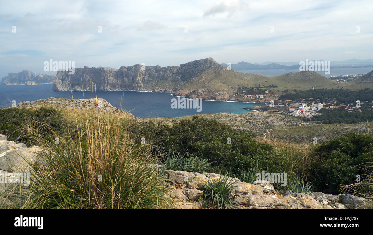 View from Puig de s'Aguila SE to Sant Vicent village and bay, Cavall Bernat and La Coma, Mallorca, Spain Stock Photo