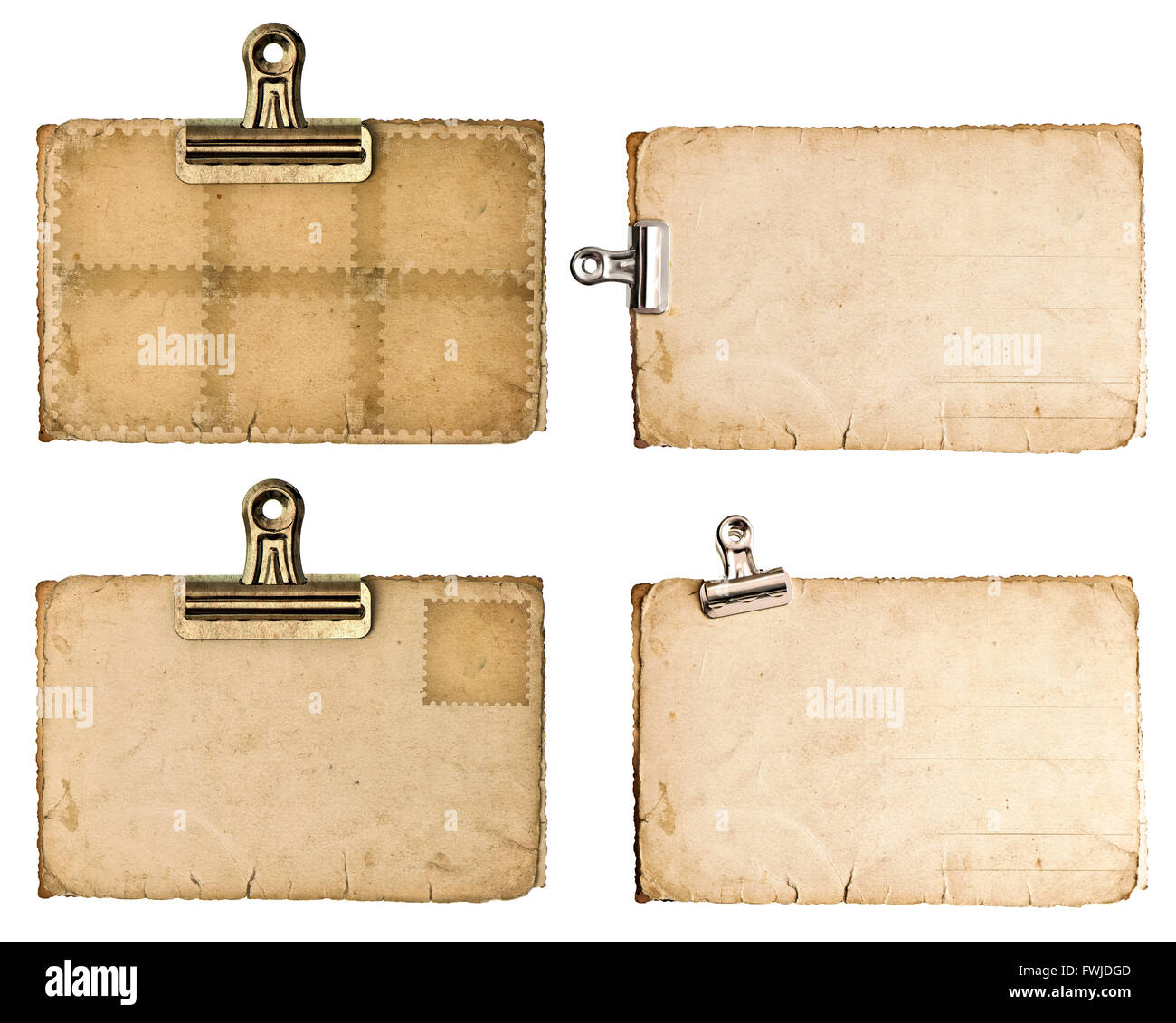 Aged paper sheets with metal clip isolated on white background Stock Photo
