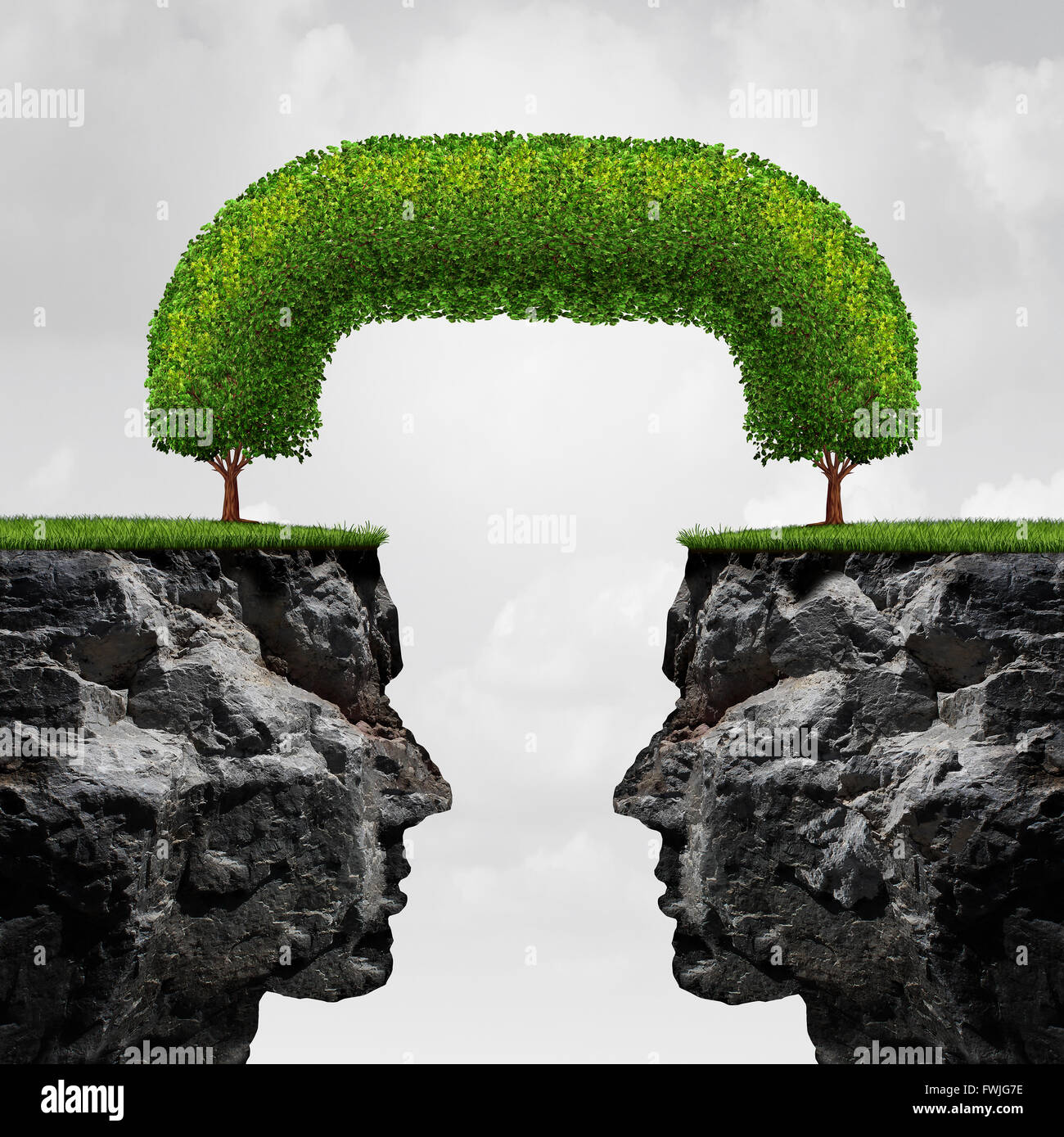 Connecting business concept as two separate detached 3D illustration cliffs connected together by trees that have merged together to form a long term union as a successful agreement metaphor. Stock Photo