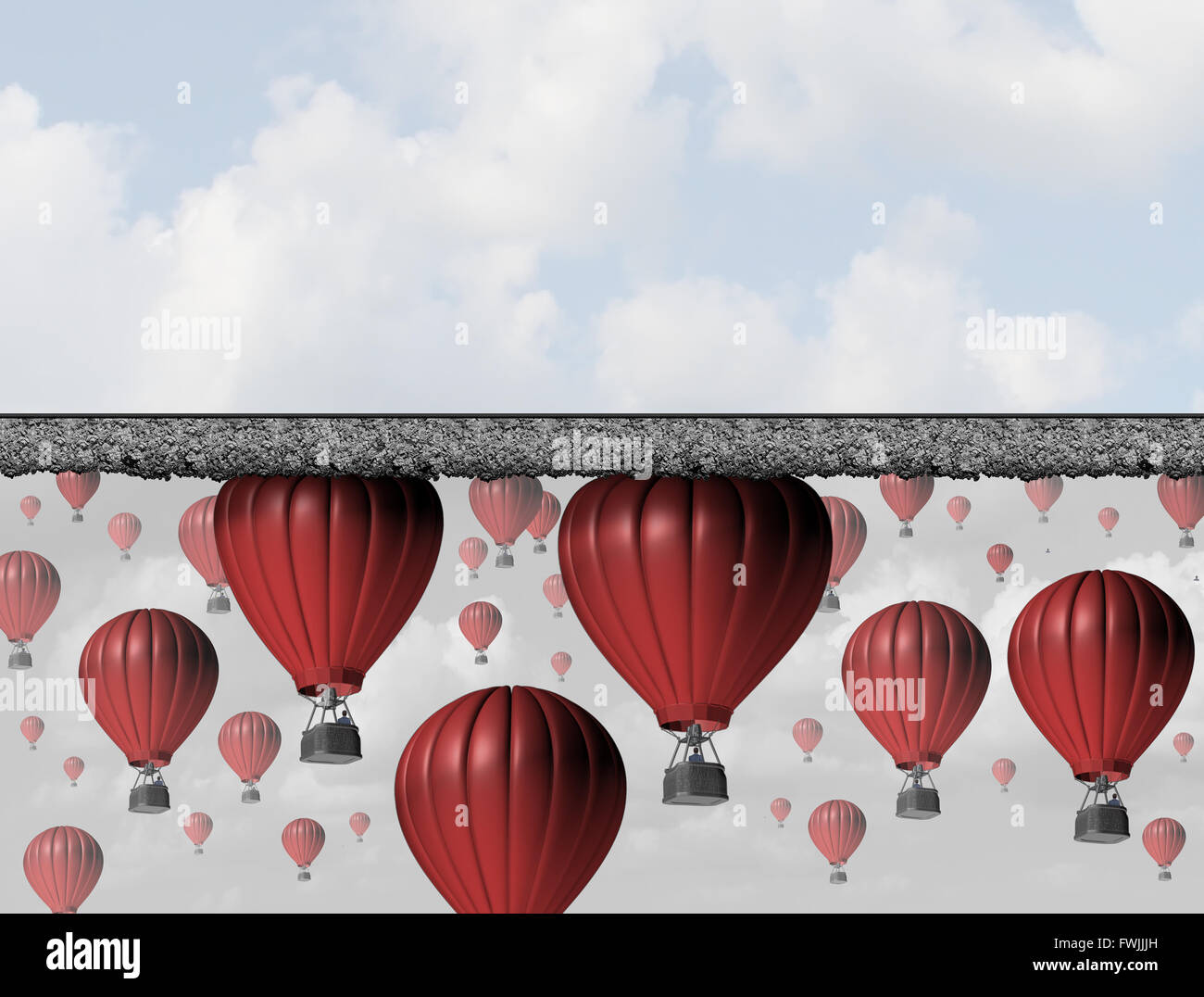 Hitting a wall and reach the limit or ceiling as a business concept for restricted opportunity and closed economic barrier to succeed as a group of air balloons trapped by a thick roof. Stock Photo