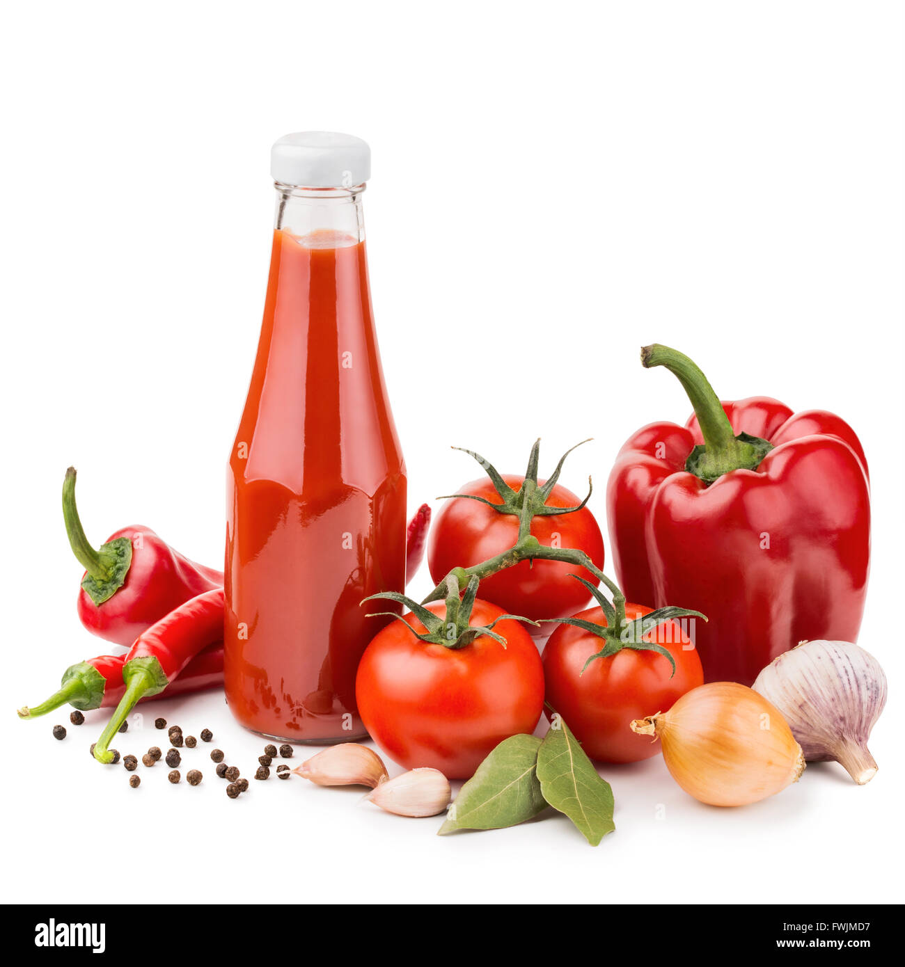 Bottle of ketchup and raw ingredients isolated on white Stock Photo Alamy