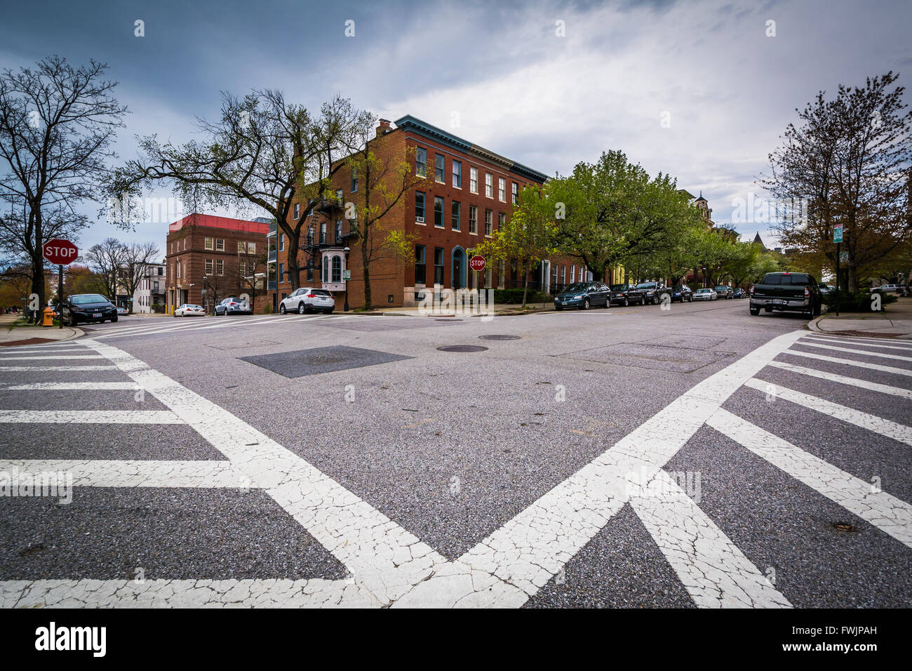 Intersection in Bolton Hill, Baltimore, Maryland. Stock Photo