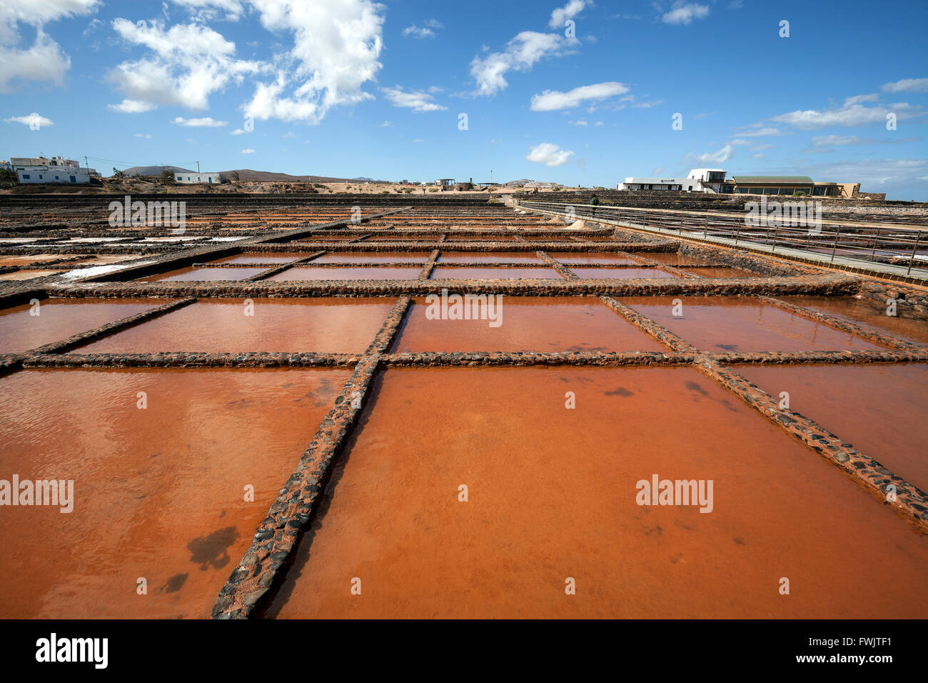 Salinas del Carmen salinse, rear right the salt museum Museo de la Sal, Las Salinas, Fuerteventura, Canary Islands, Spain Stock Photo