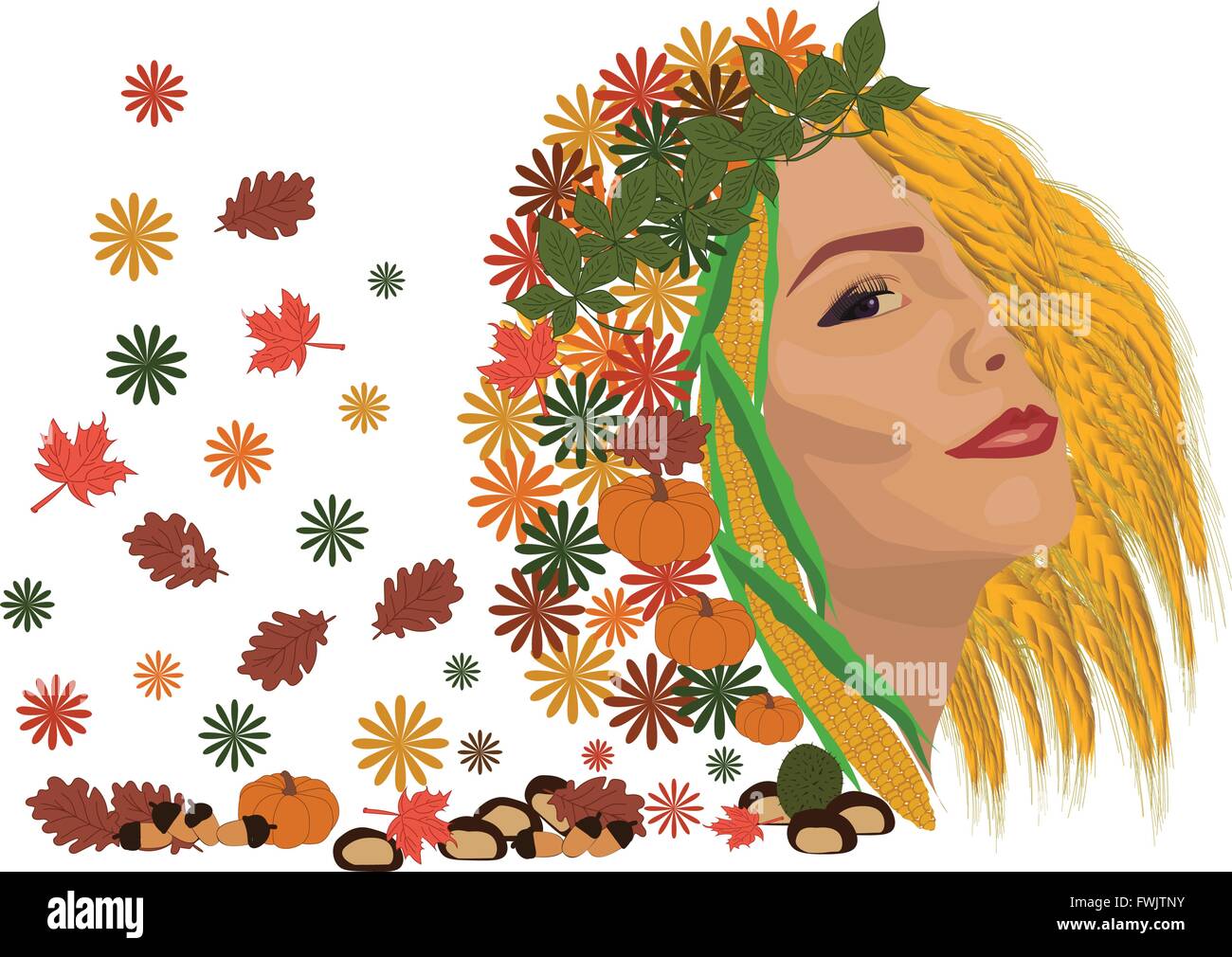 an eye-catching autumn portrait of a beautiful woman made of leaves, corn, wheat, etc., Stock Vector