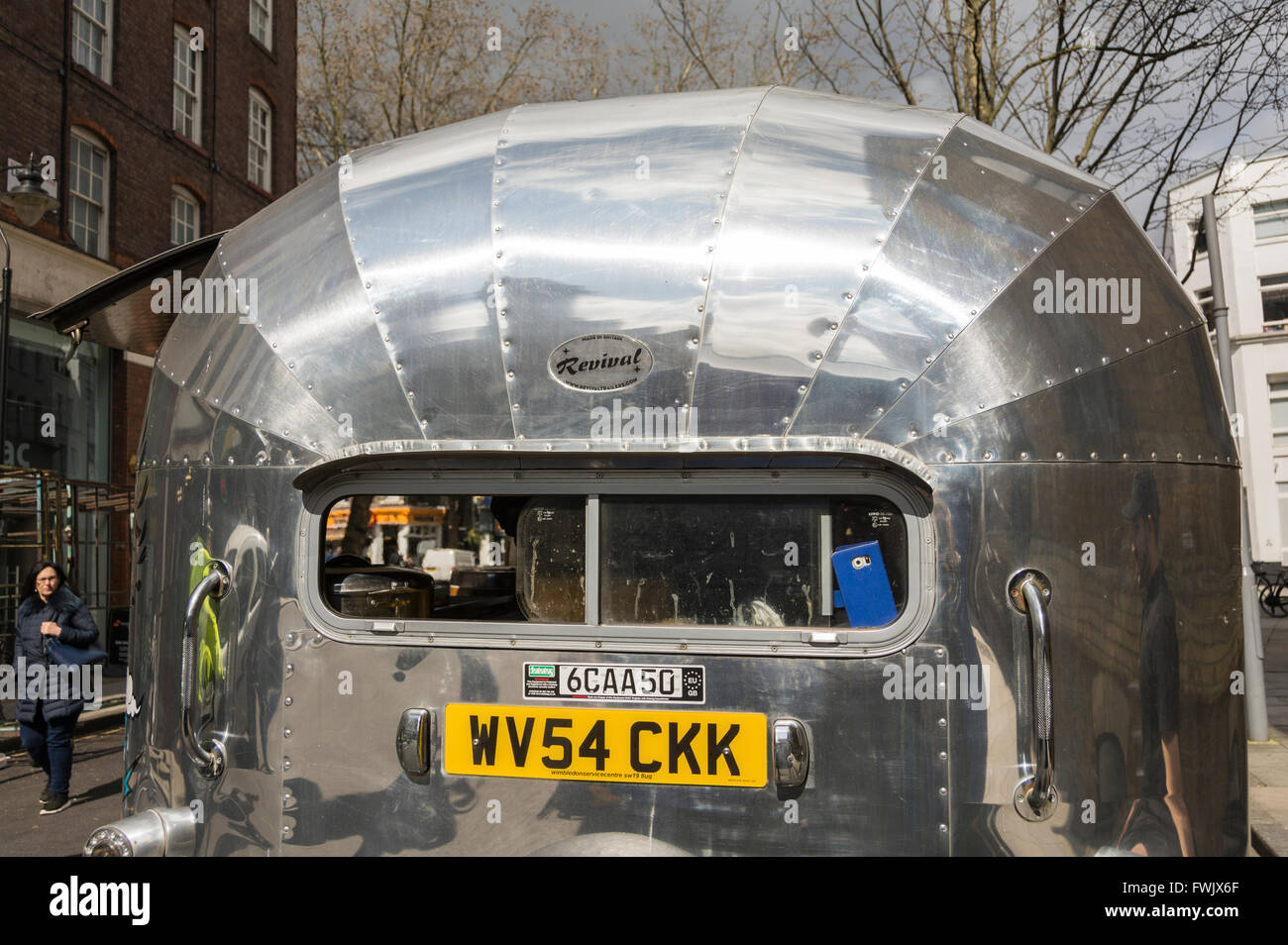 A shiny retro Revival Trailer street food stall on Leather Lane in London, UK. Stock Photo