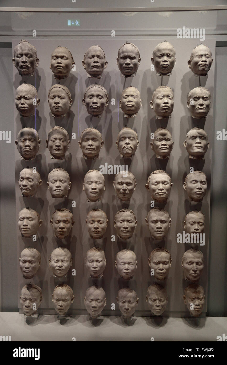 Facial casts of Nias islanders (after 1910) made of plaster on display in the Rijksmuseum, Amsterdam, Netherlands. Stock Photo