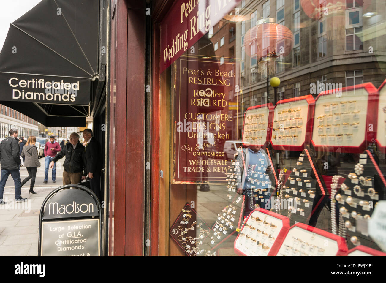 A jewelers shop window in the Hatton Garden jewelry district in London, England, UK Stock Photo