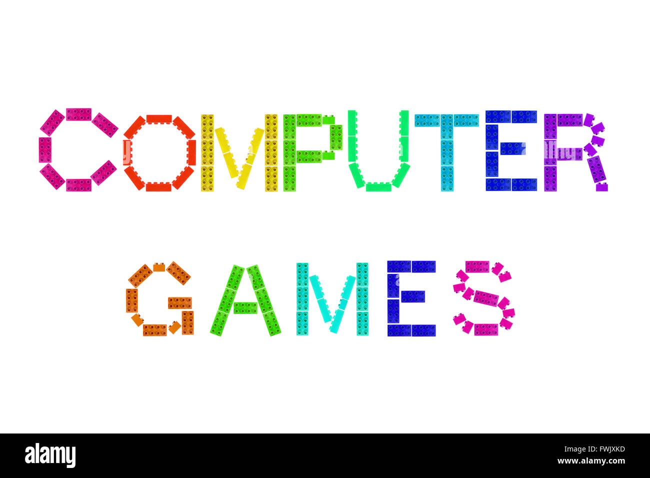 The words Computer Games created form Lego and photographed against a white background. Stock Photo