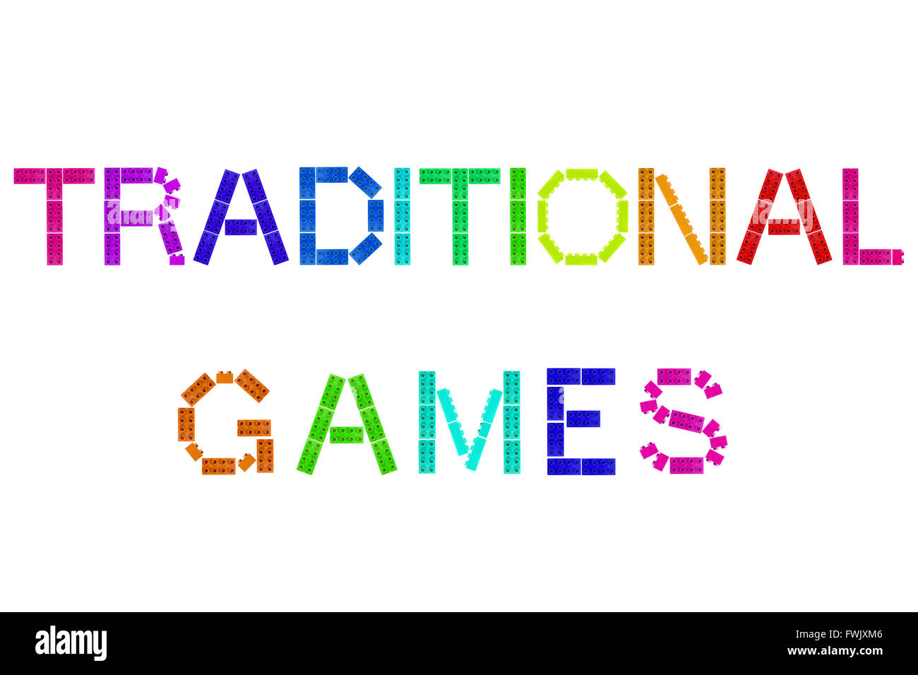 The words Traditional Games created form Lego and photographed against a white background. Stock Photo