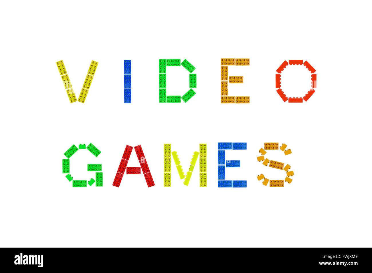 The words Video Games created form Lego and photographed against a white background. Stock Photo