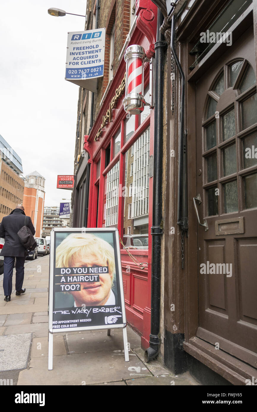 Photo of Boris Johnson outside a barbers shops in London's Smithfield area, UK Stock Photo