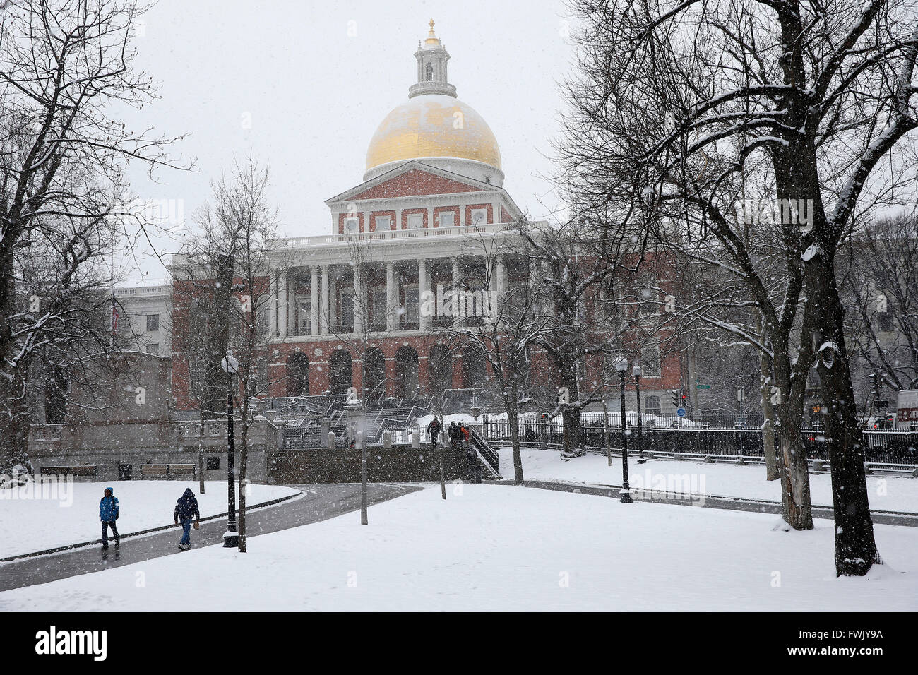 Snowfall, Boston Common, Massachusetts Statehouse Stock Photo