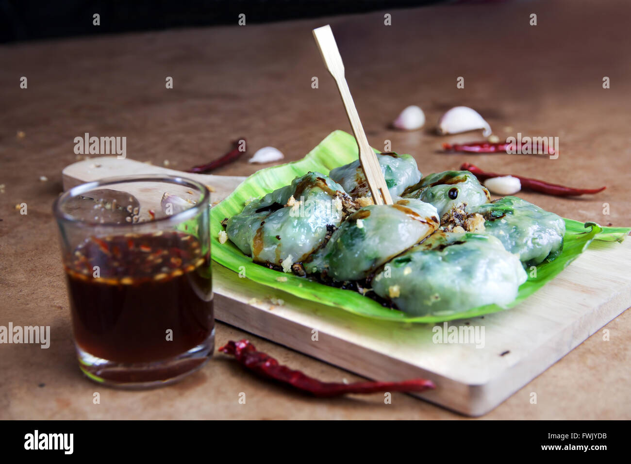 Allium tuberosum. Garlic chives with soy source. Dim sum is chinese cuisine. Dim sum. Stock Photo