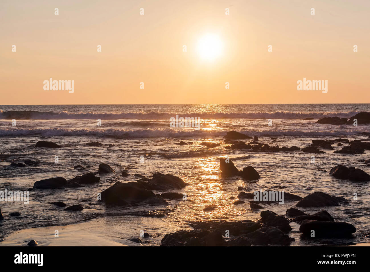 Evening Scene With Sunset Above The Pacific Beach, South America Stock Photo