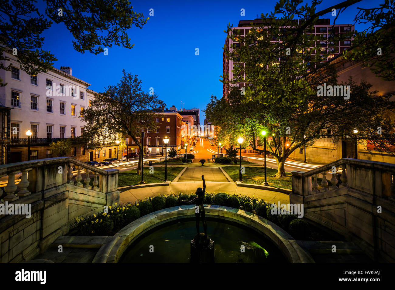 Park and view of Charles Street at night, in Mount Vernon, Baltimore