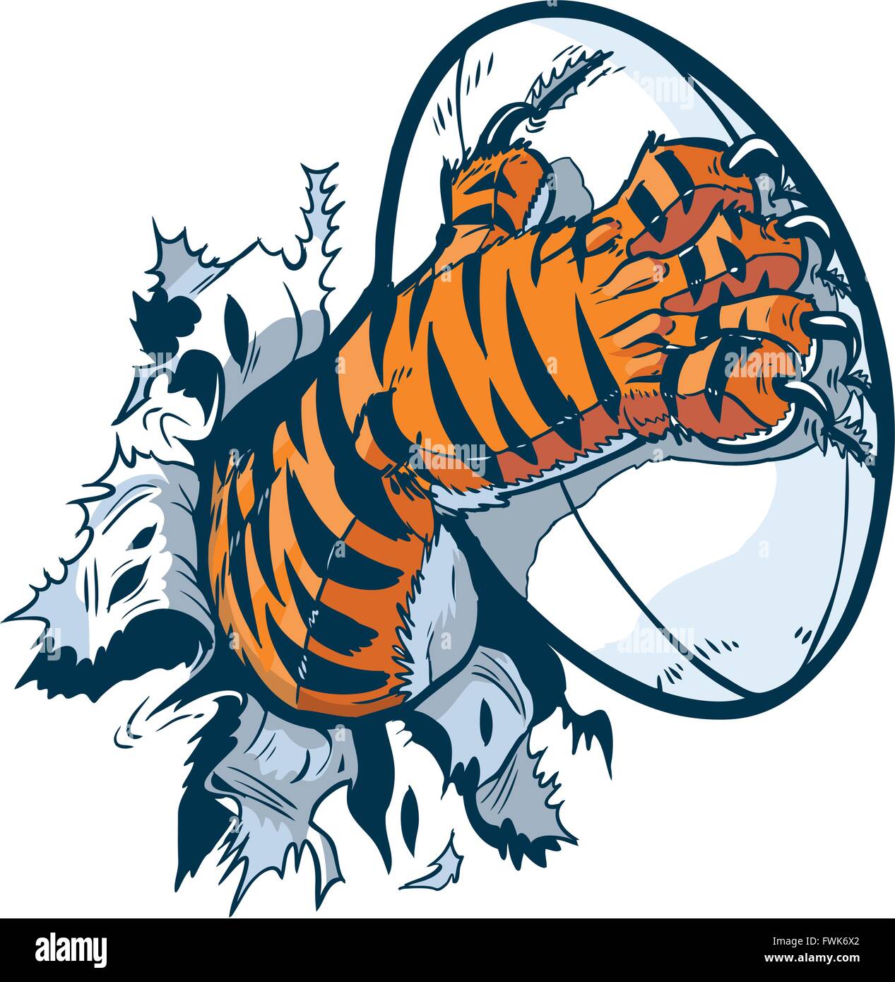 Vector cartoon clip art illustration of a tiger mascot paw ripping out of the background gripping a rugby ball. Stock Vector