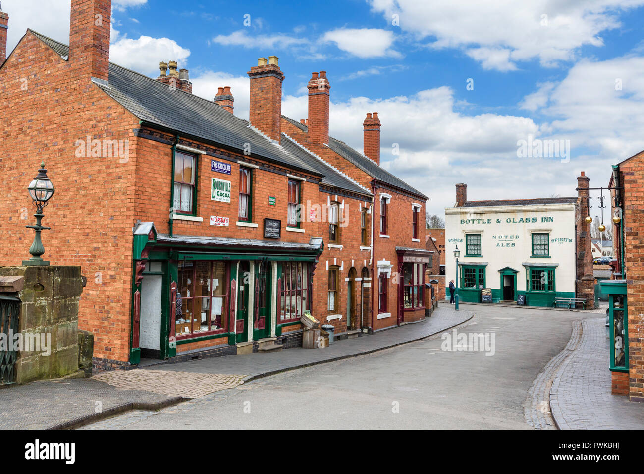 Old shops in the village centre, Black Country Living Museum, Dudley, West Midlands, UK Stock