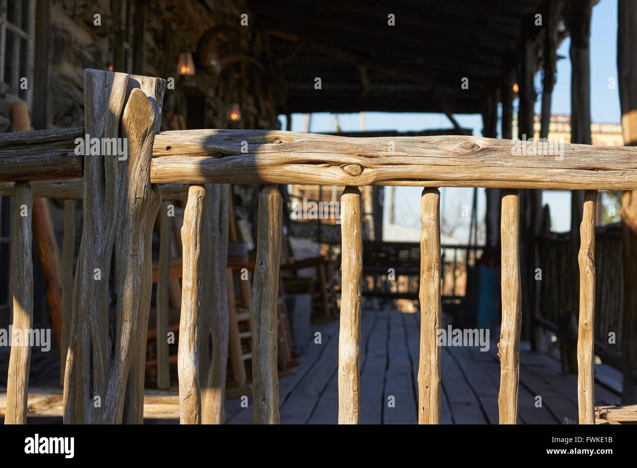 rough cut porch railing, Texas Hill Country, USA Stock Photo