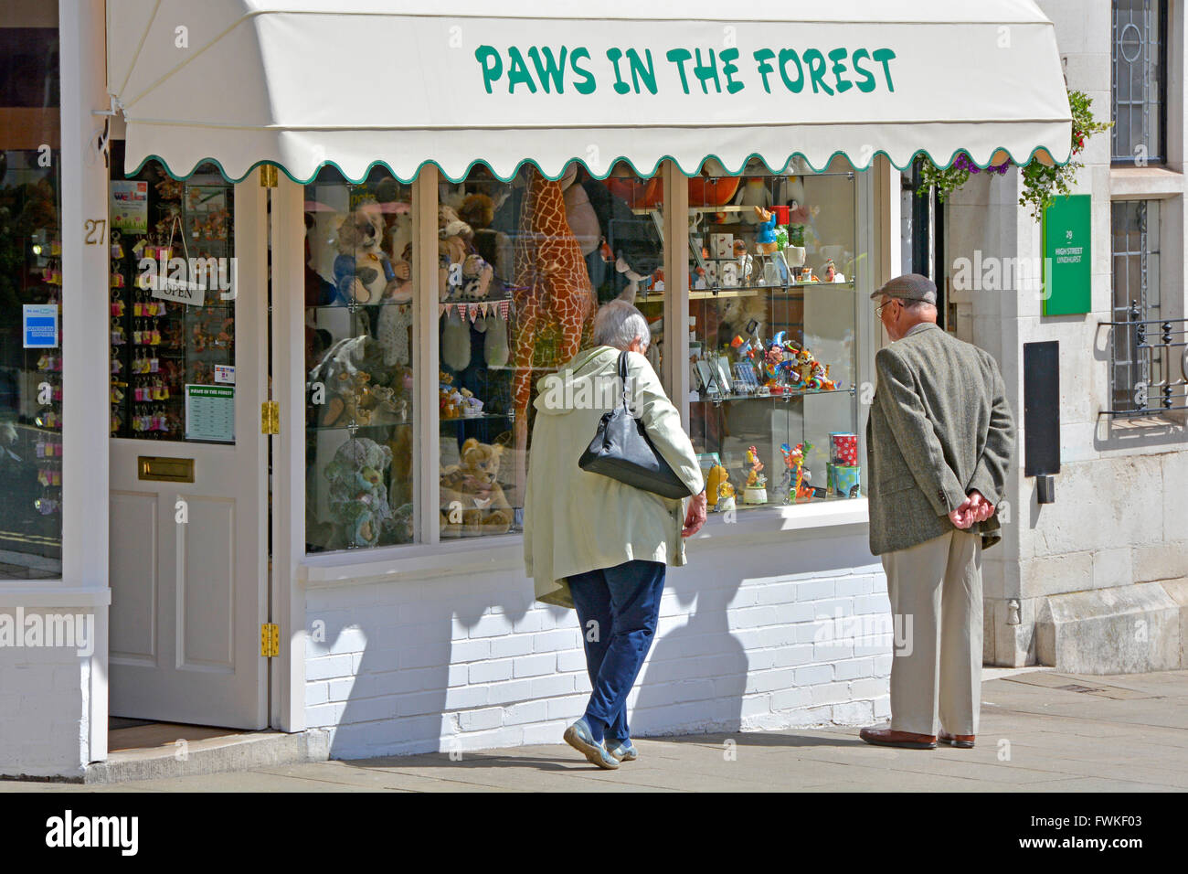 Couple browsing High Street window shopping outside Paws In The Forest  a toyshop specialising in bears in Lyndhurst New Forest Hampshire England UK Stock Photo