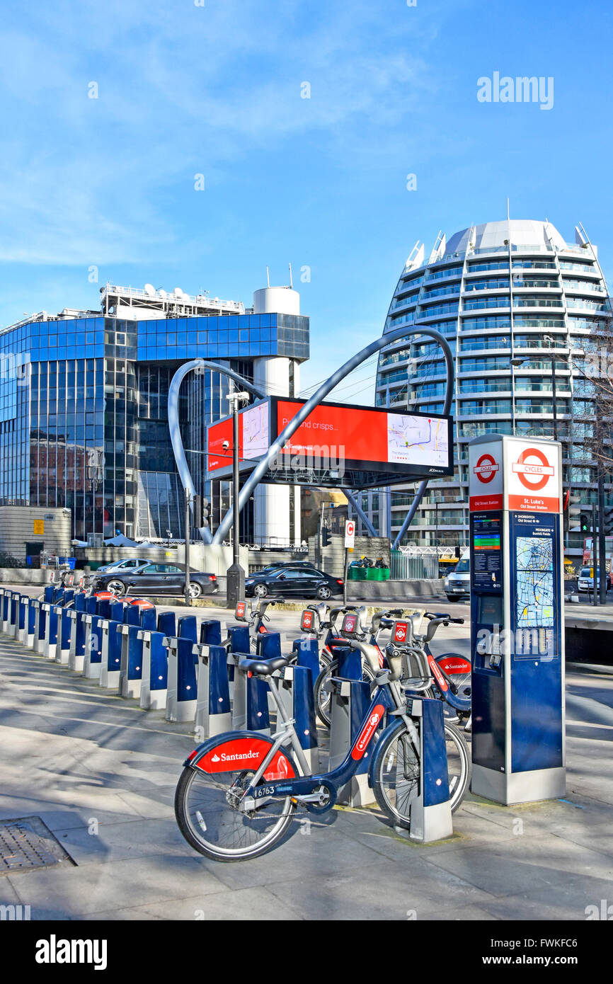 Santander bike hire docking station point at Old Street Station on Tech City Silicon Roundabout junction of Old Street & City Road London England UK Stock Photo