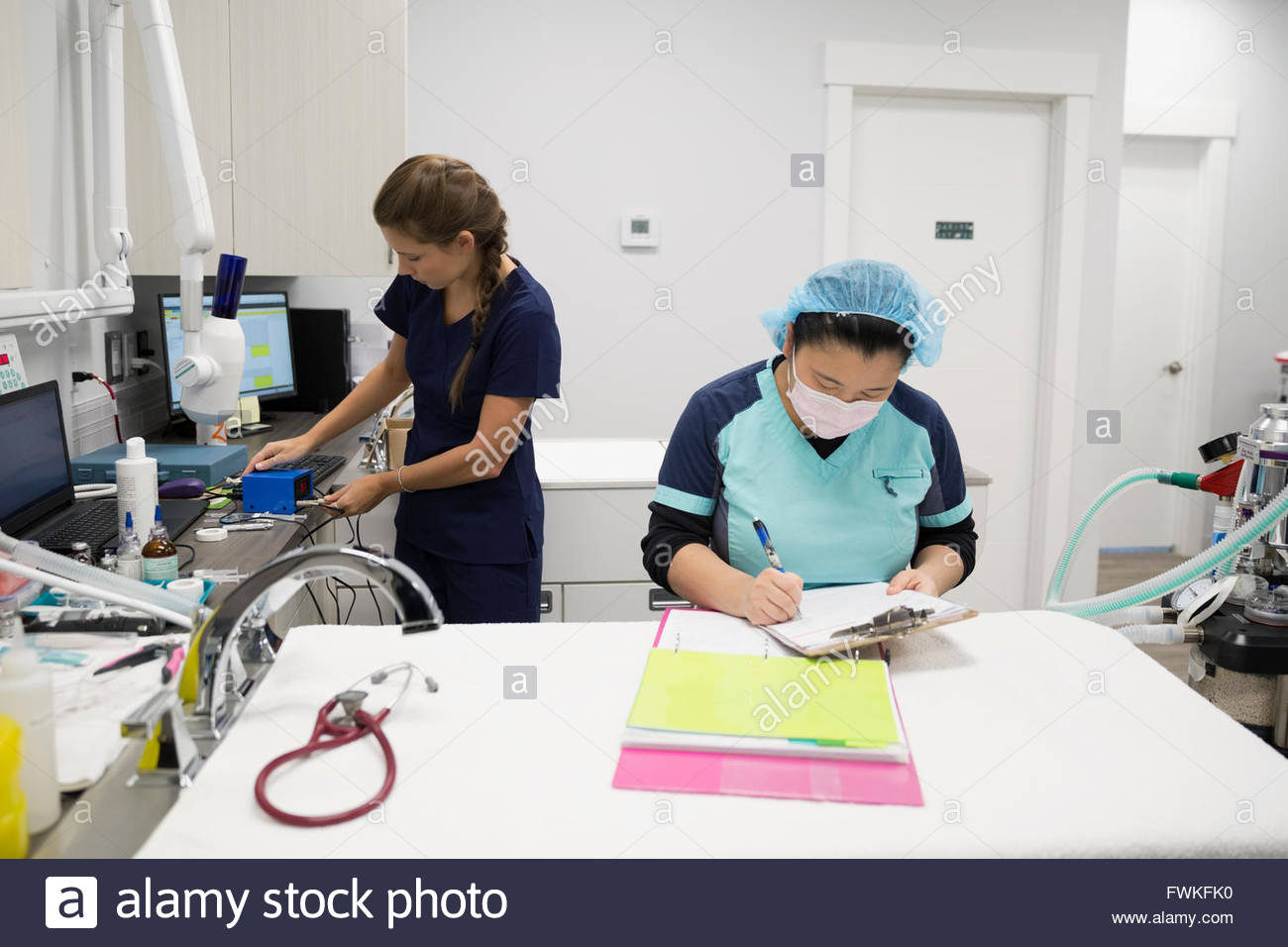 Veterinarian and assistant working in clinic operating room Stock Photo
