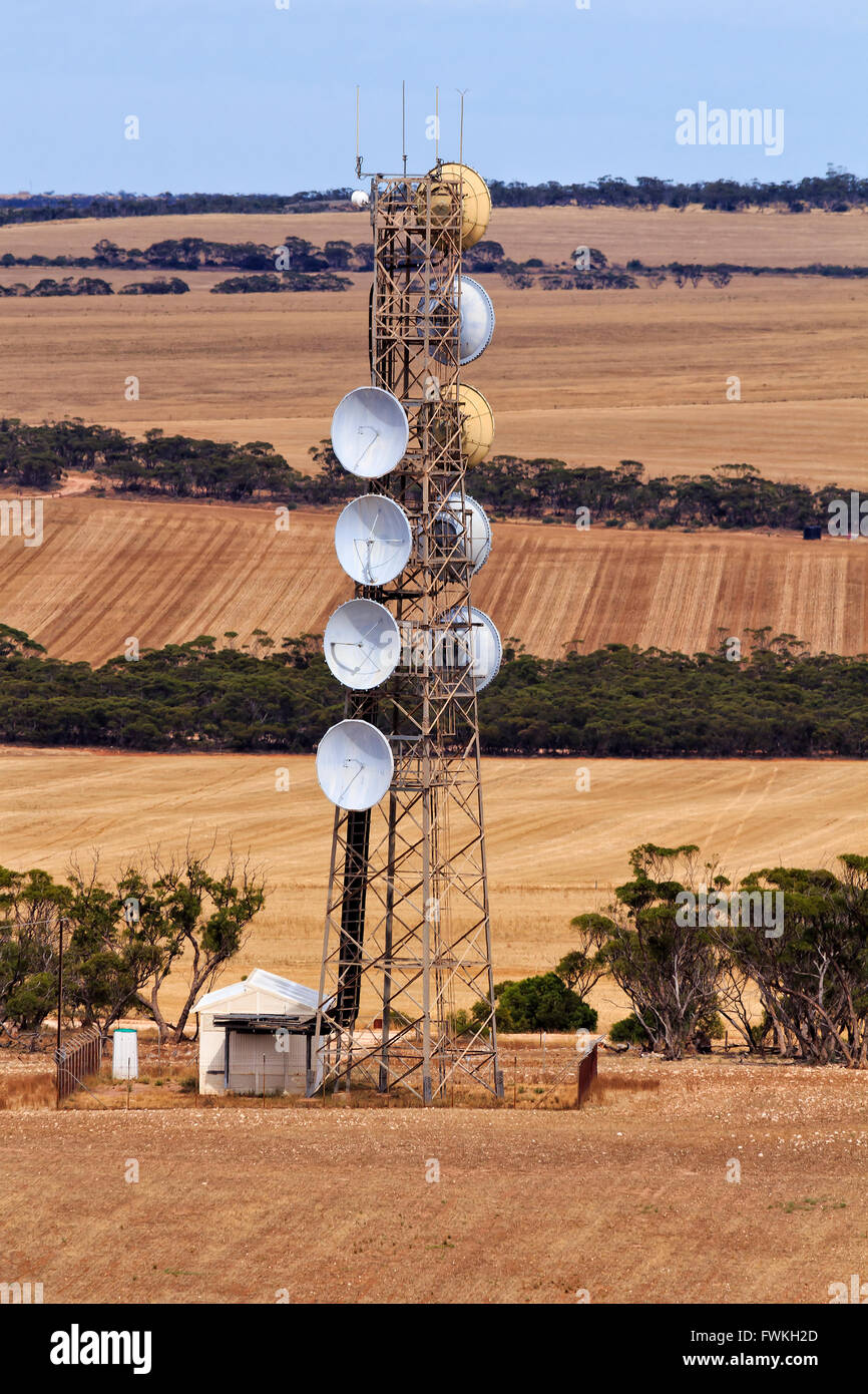 Tall remote telecom communication and TV signal antenna tower with dishes to retranslate mobile and TV services to rural areas Stock Photo