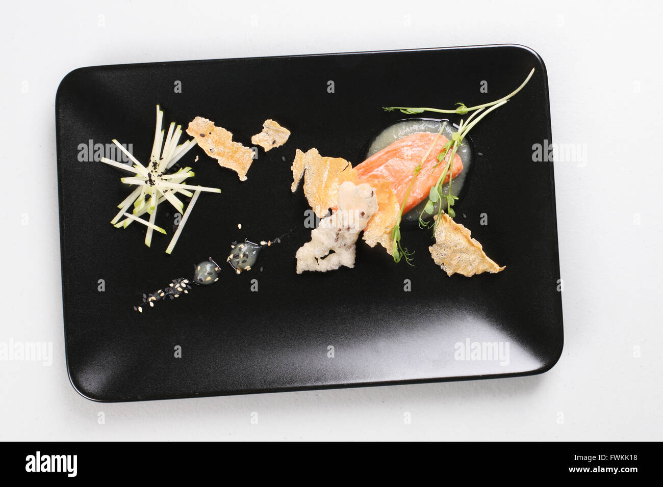 Smoked salmon and sauce cooked by molecular gastronomy technic Stock Photo