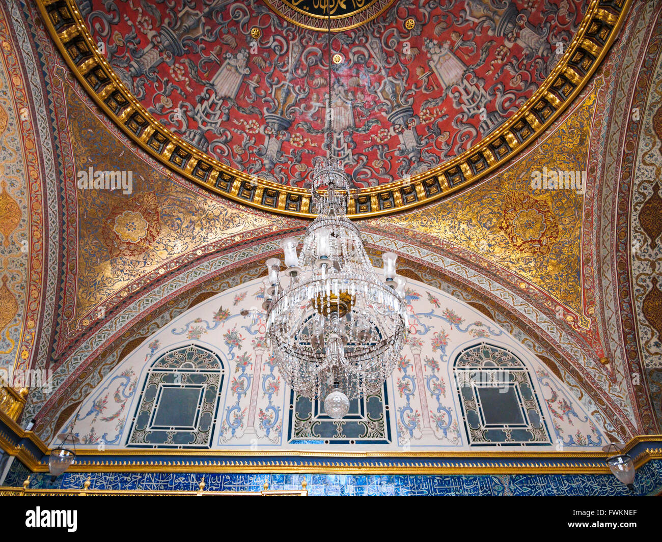 Detail of domed ceiling with chandelier in inner chamber of the Harem in Topkapi Palace (Topkapı Sarayı) in Istanbul, Turkey Stock Photo