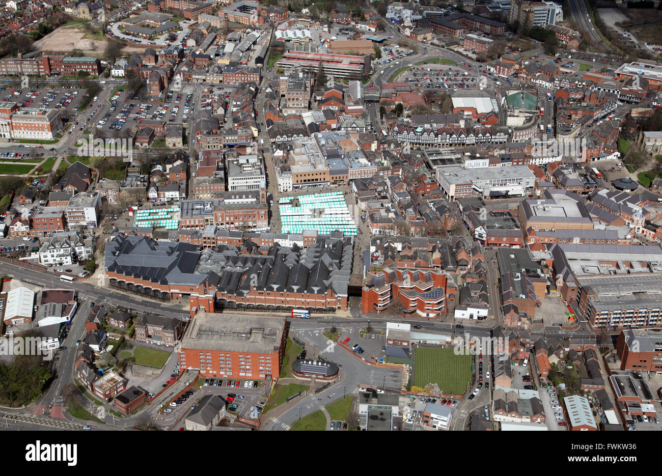aerial view of Chesterfield town centre, Derbyshire, UK Stock Photo