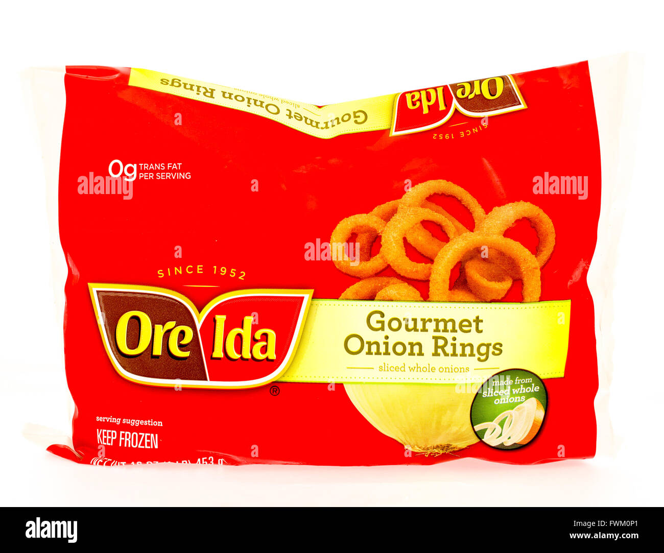 Winneconne, WI - 29 August 2015: Bag of Ore Ida gourmet onion rings Stock Photo