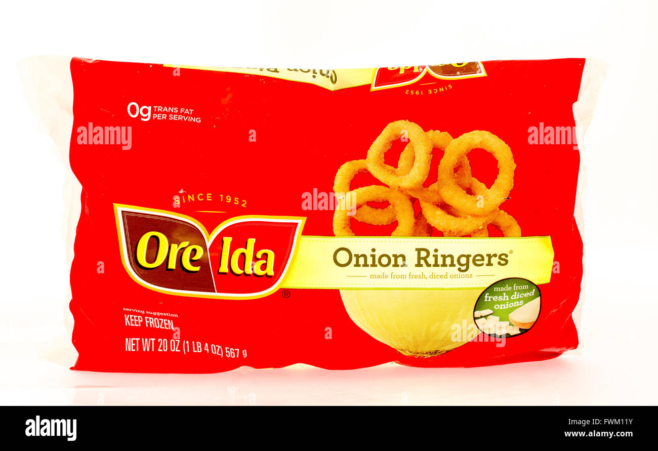 Winneconne, WI - 29 August 2015: Bag of Ore Ida onion ringers Stock Photo