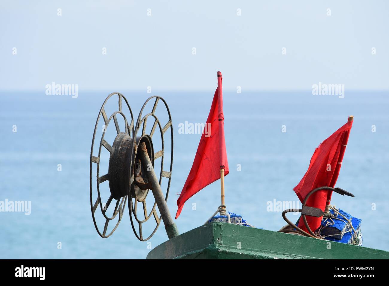 Orange Flags On Boat Against Sea Stock Photo Alamy