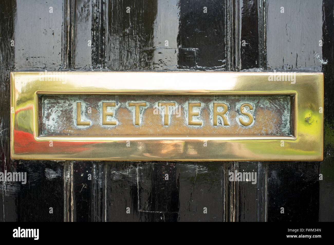 CloseUp Of Brass Mail Slot On Wooden Door Stock Photo Alamy
